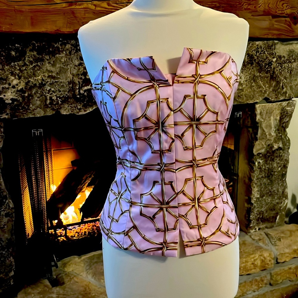 I. McLaughlin Pink Silk strapless bustier corset top bamboo Boning zipper EUC 12